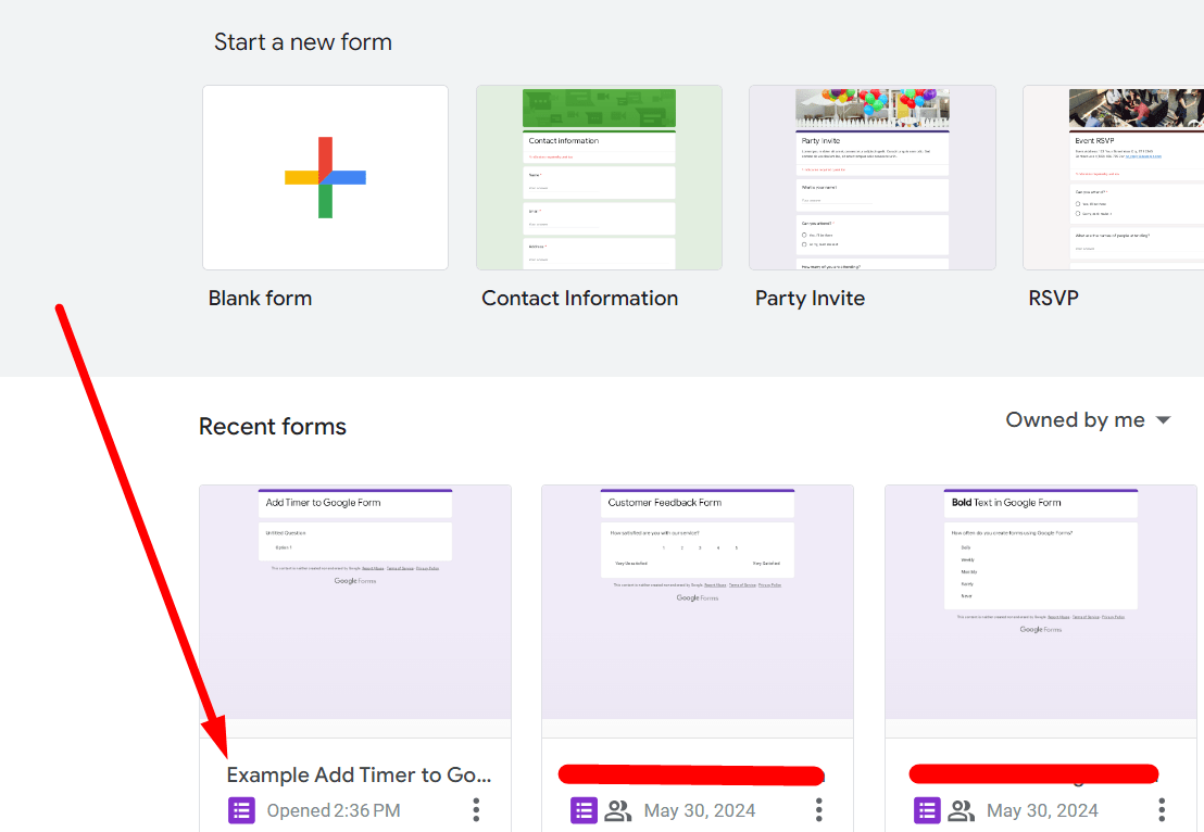 red arrow pointing to existing form