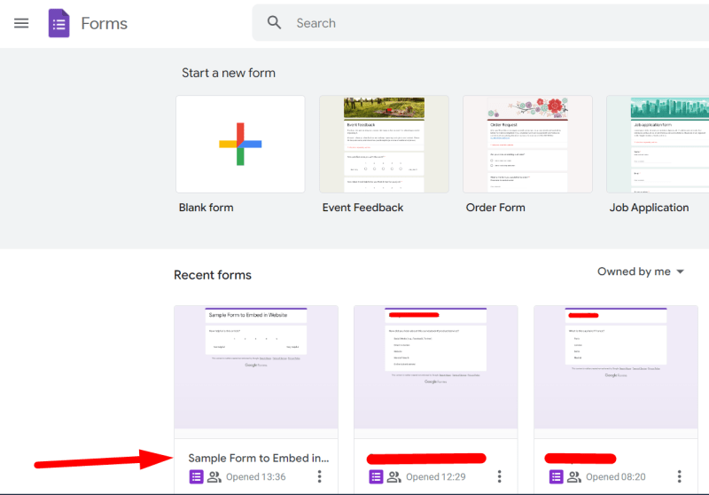 red arrow pointing to an existing form