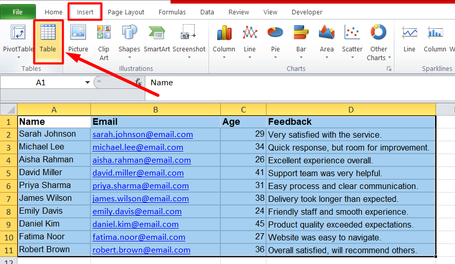 red arrow pointing to the Table under the Insert in the header menu of an Excel sheet