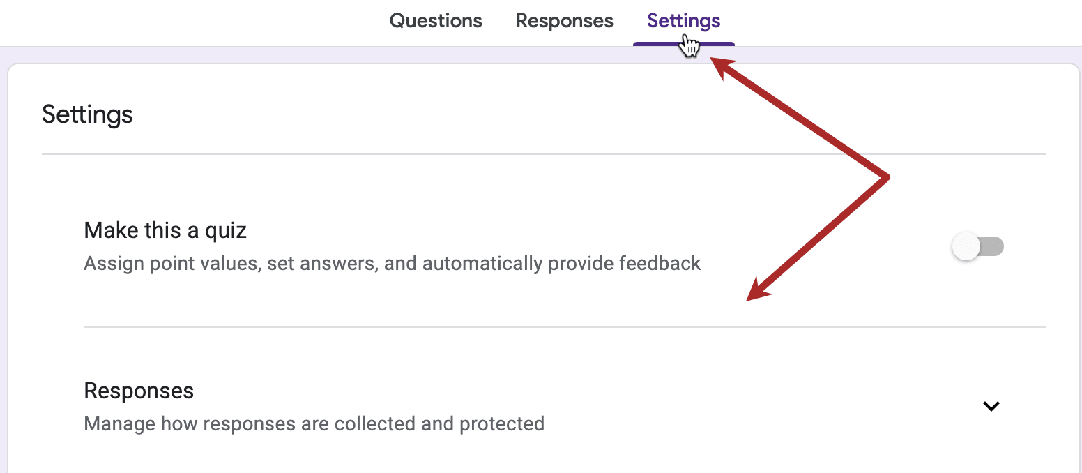 Red arrows pointing towards the settings tab and the responses section.