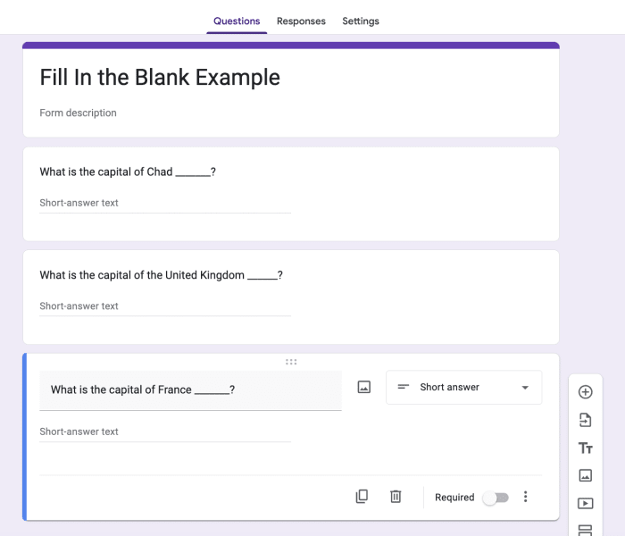 screenshot of multiple fill in the blank questions on google form