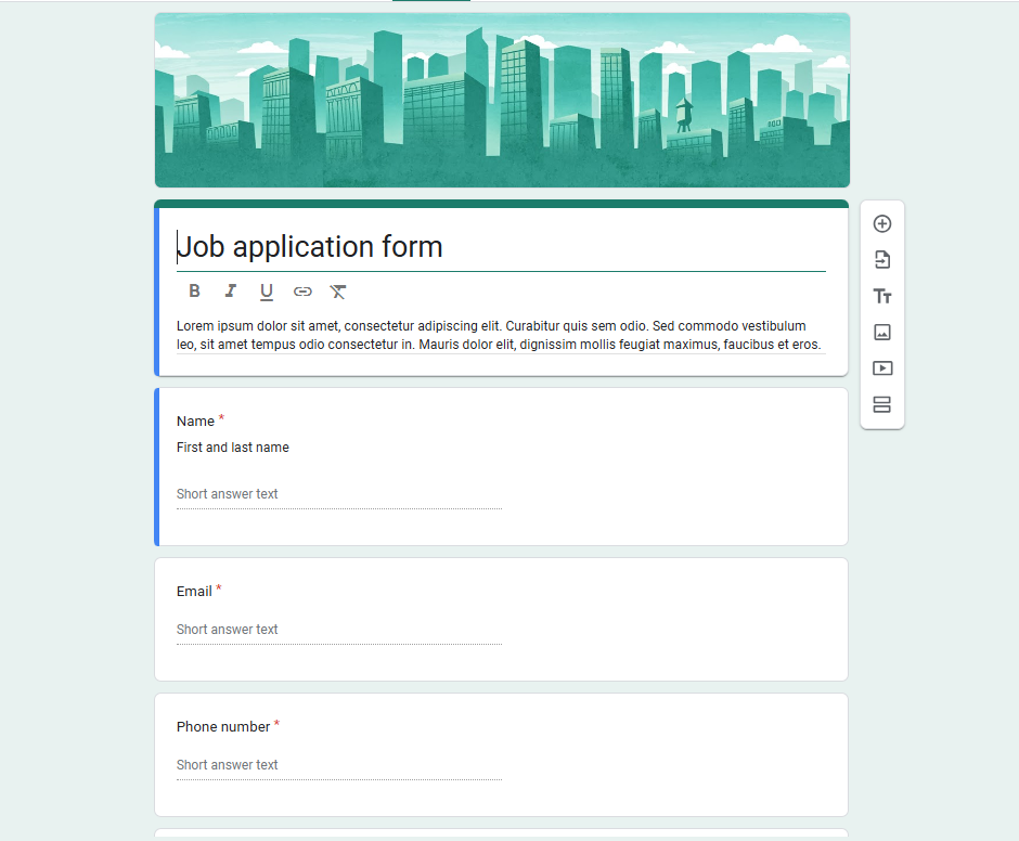 Job Application Form template of Google form