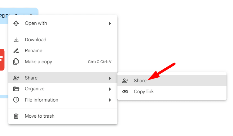 red arrow pointing to ‘Share’ in google drive