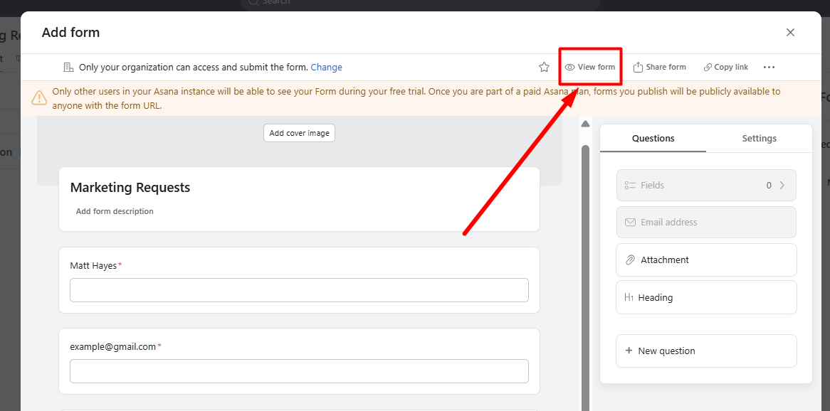 red arrow pointing to the “View form” button to preview the asana form