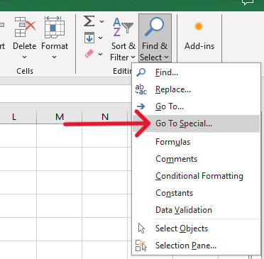 red arrow pointing to “Go To Special” from the dropdown menu
