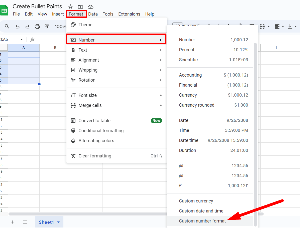 two red rectangles highlight ‘Format’ and ‘Number’ respectively and a red arrow pointing to “Custom number format”