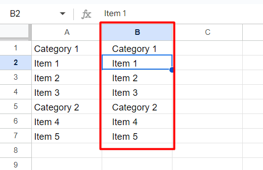 red rectangle highlights the indented text in column B