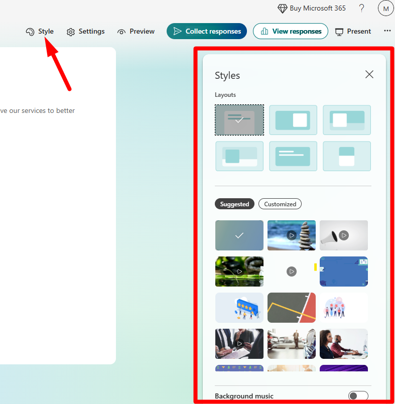  red arrow pointing to the ‘Style’ icon in Microsoft Forms