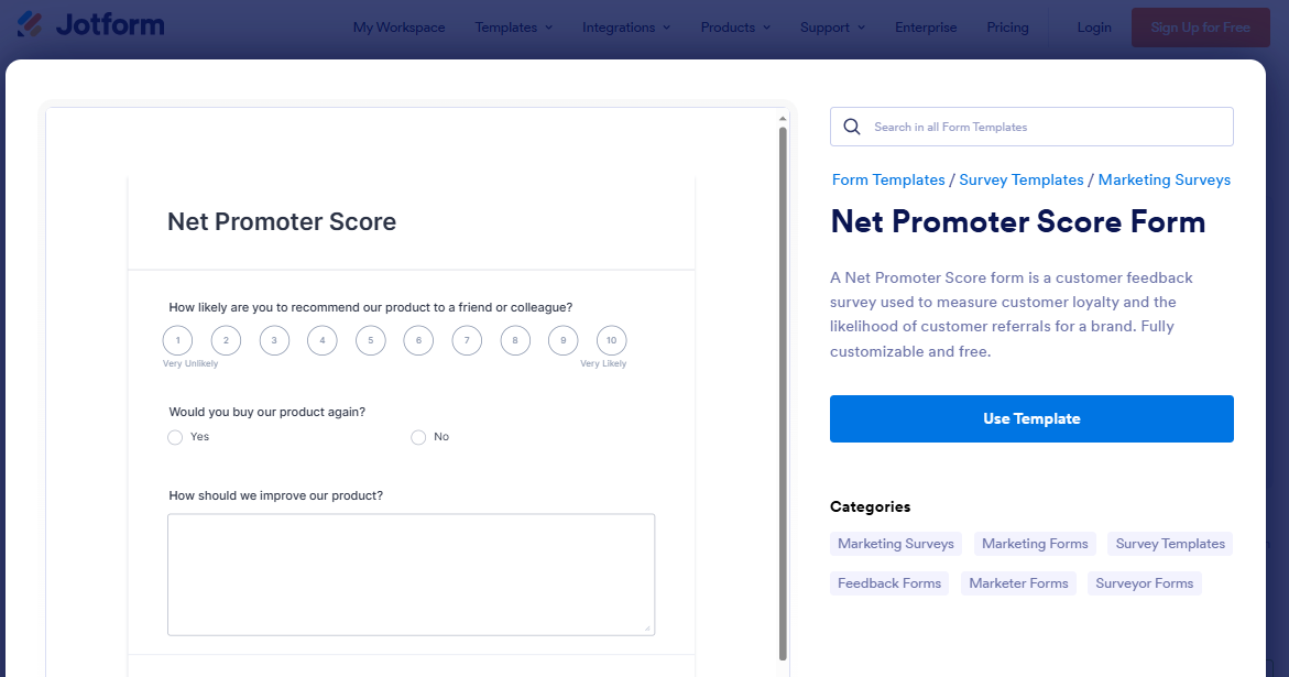 Jotform NPS® Survey landing page