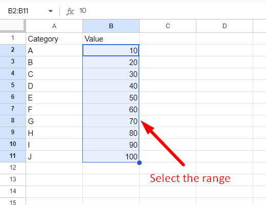 red arrow pointing to selected range