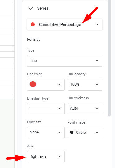 red arrow pointing to “Right axis” for ‘Cumulative Percentage’ in ‘Series’ option