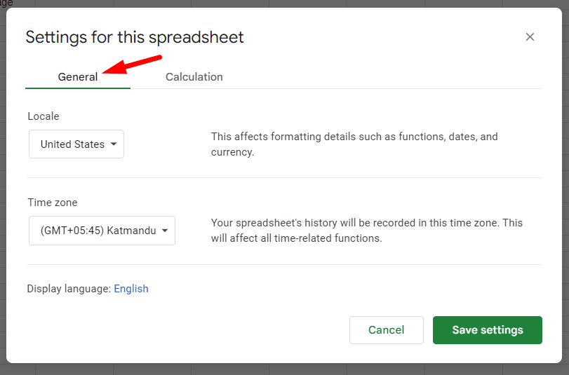 red arrow pointing to ‘General’ tab the Settings window 