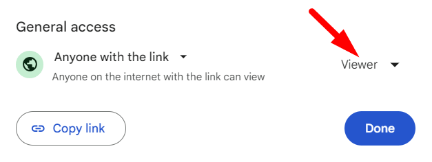 red arrow pointing to ‘Viewer’ in general access for anyone with the link