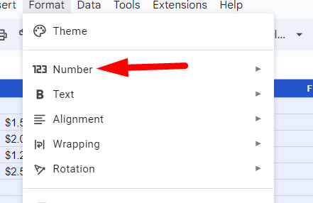 red arrow pointing to the ‘Number’ in dropdown menu