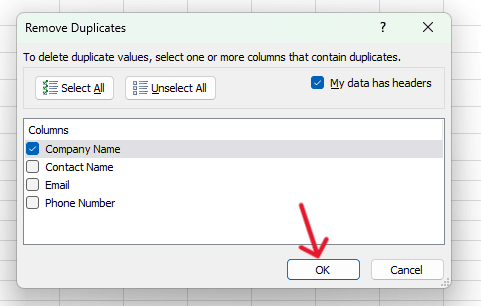 red arrow pointing to ‘OK’ button
