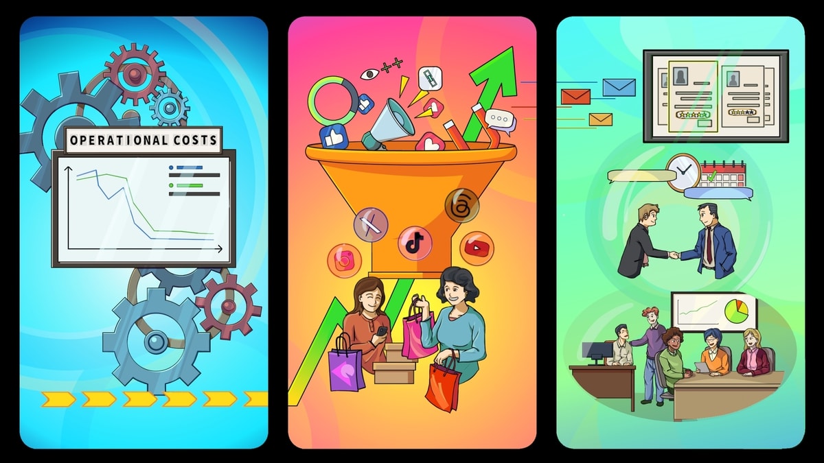 Three vignettes showing, from left to right, the finance, e-commerce, and hr industries