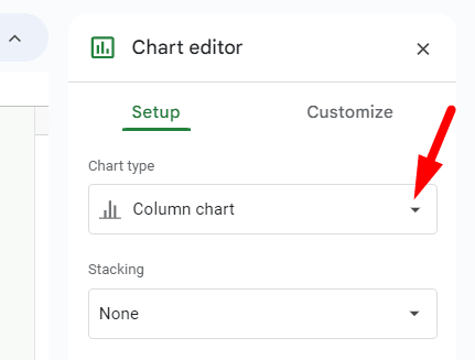 red arrow pointing to dropdown arrow to choose the chart type
