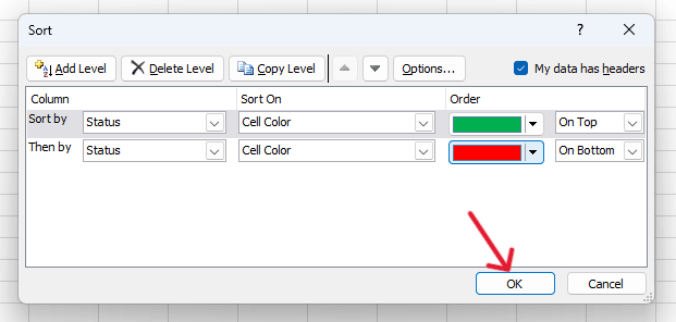 red arrow pointing to ‘OK’ button to apply the sort
