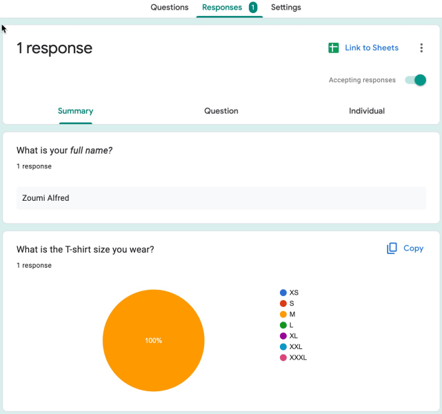 Screenshot showing example response summary on google forms