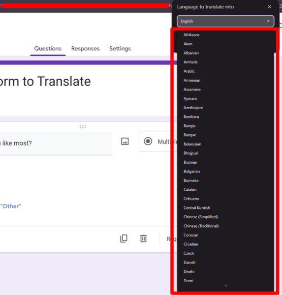 red rectangle highlights various language in dropdown menu