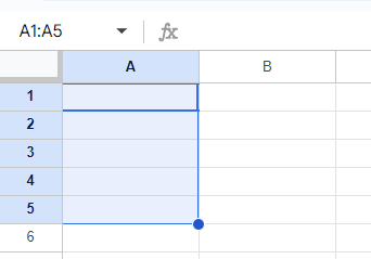 Cells A1 to A5 are selected