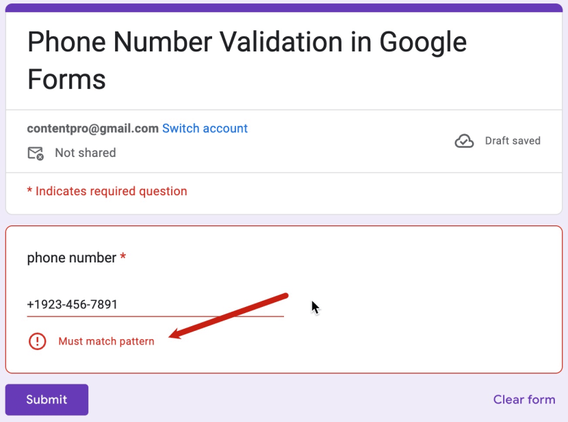 Red arrow pointing to regular expression used for validation