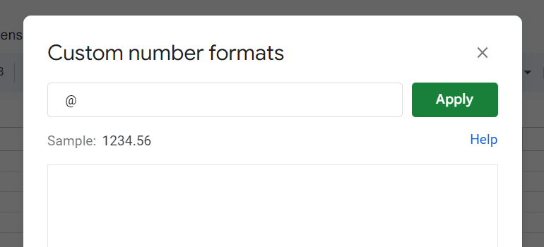 “at sign” symbol in “Custom number format” pop-up