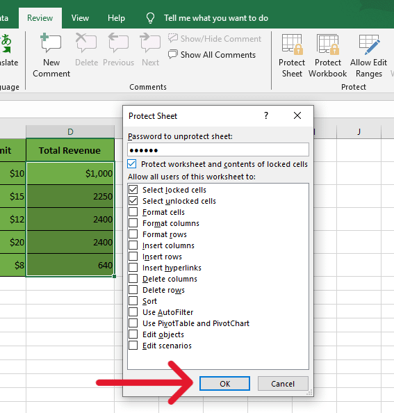 red arrow pointing to ‘OK’ button to protect the sheet when formula cells are locked