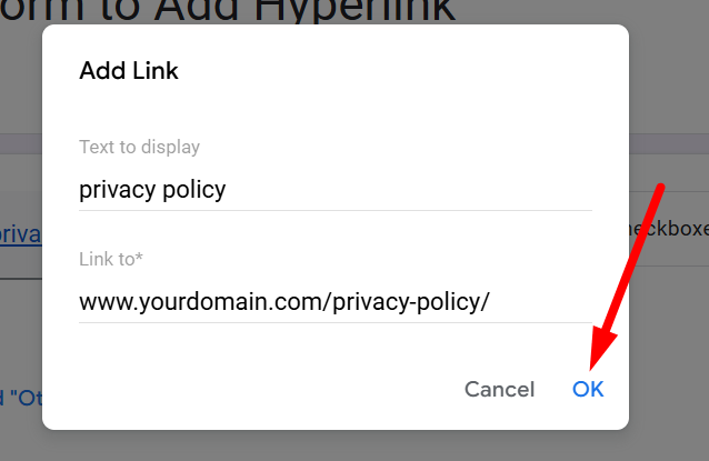 red arrow pointing to ‘OK’ to apply the hyperlink addition