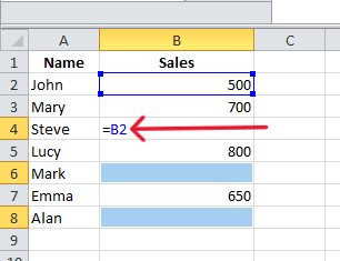 red arrow pointing to a formula to copy the value from the cell B2