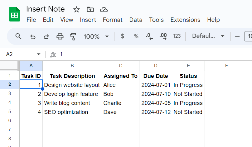 screenshot of a google sheet