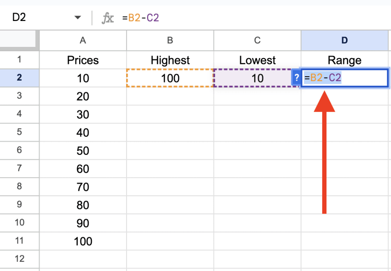 red arrow pointing to range formula in cell D2