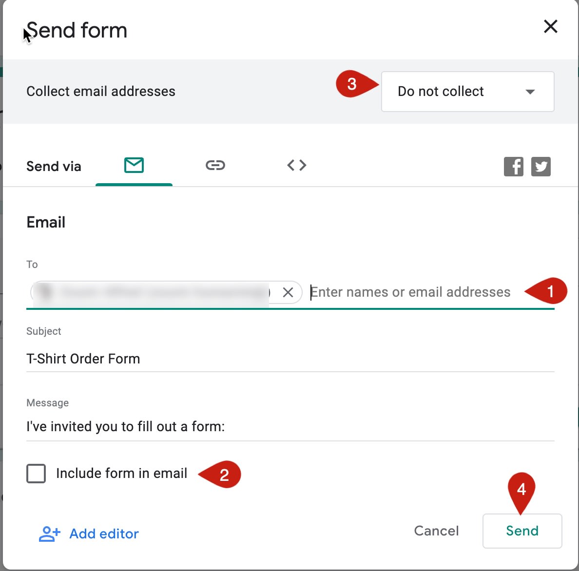 1 arrow pointing to email field, 2 pointing to option to include email, 3 to Do not collection option, and 4 pointing to send button