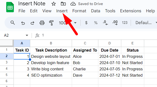 red arrow pointing to ‘Insert’ button in the top of the page