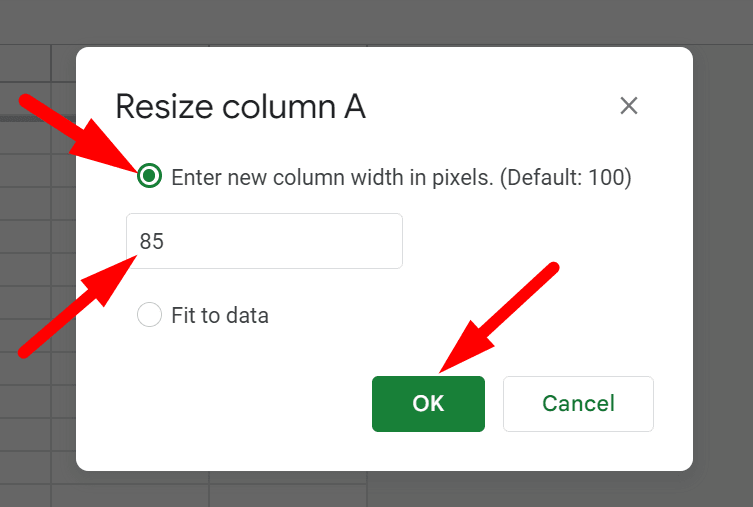 red arrow pointing to column width and another red arrow pointing to ‘OK’ button