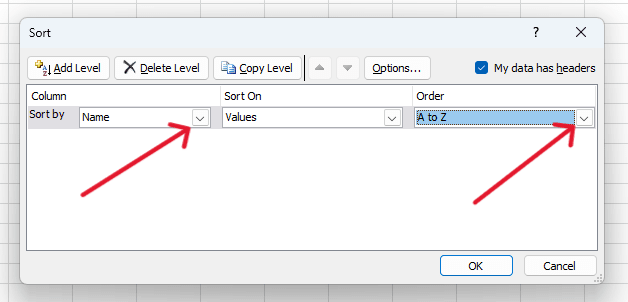 red arrow pointing to sorting criteria In the Sort dialog box