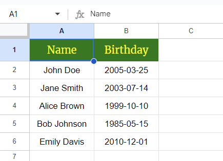 screenshot of a google sheet with names in column A and birthdates in column B