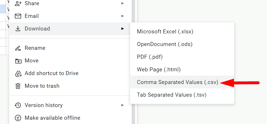 red arrow pointing to “Comma Separated Values (.csv)”