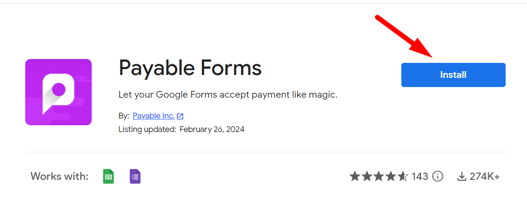 red arrow pointing to ‘Install’ button of a form payment app