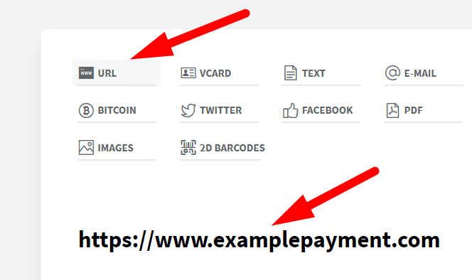 red arrow pointing to ‘URL’ and the payment link in QR code generator