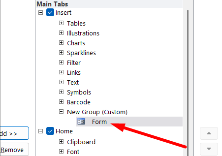 red arrow pointing to ‘Form’ when it’s added in the toolbar menu