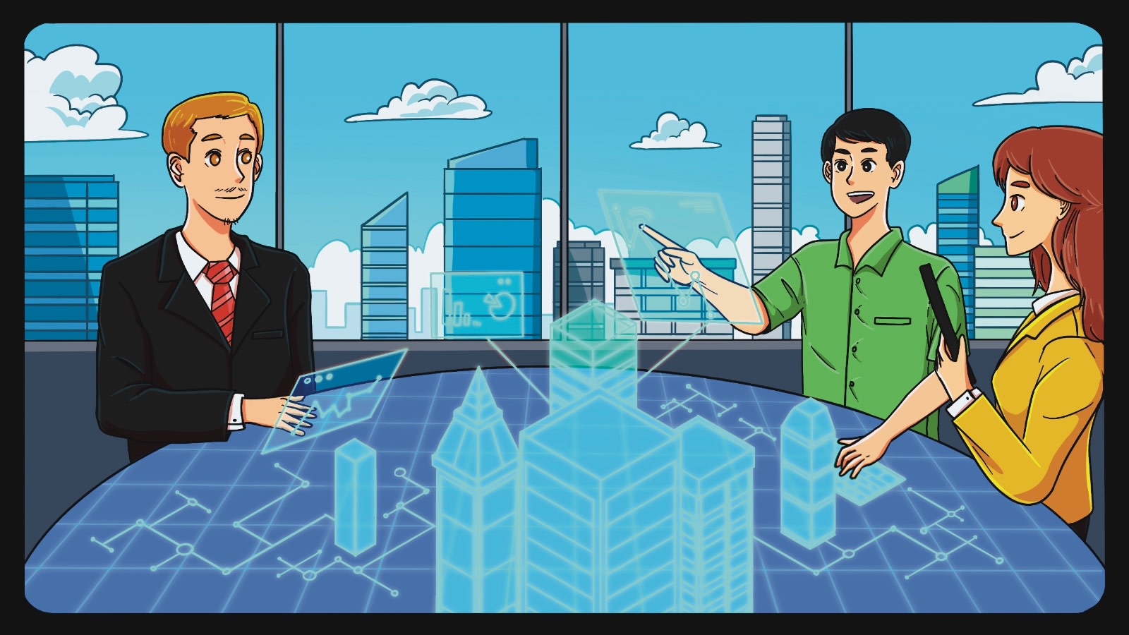 Visualisation of a high tech real estate office that uses AI and modern data analytics