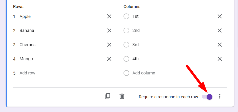 red arrow pointing to the toggle of require a response in each row