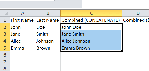 combined first and last name with CONCATENATE formula