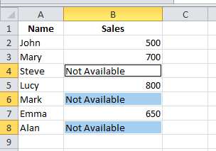 "Not Available" in every blank cells