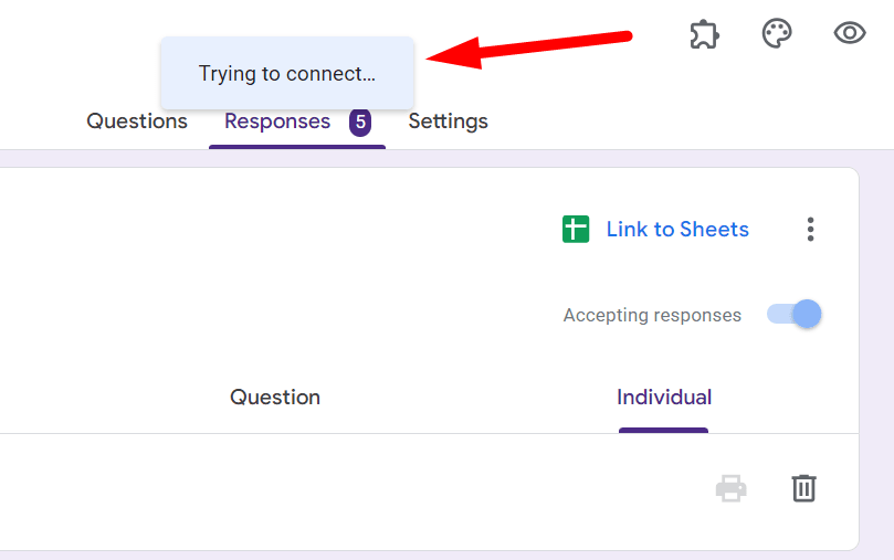 red arrow pointing to “Trying to connect” when troubleshooting to delete responses