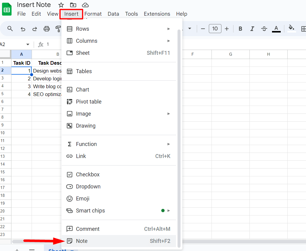 red arrow pointing to ‘Note’ in context menu