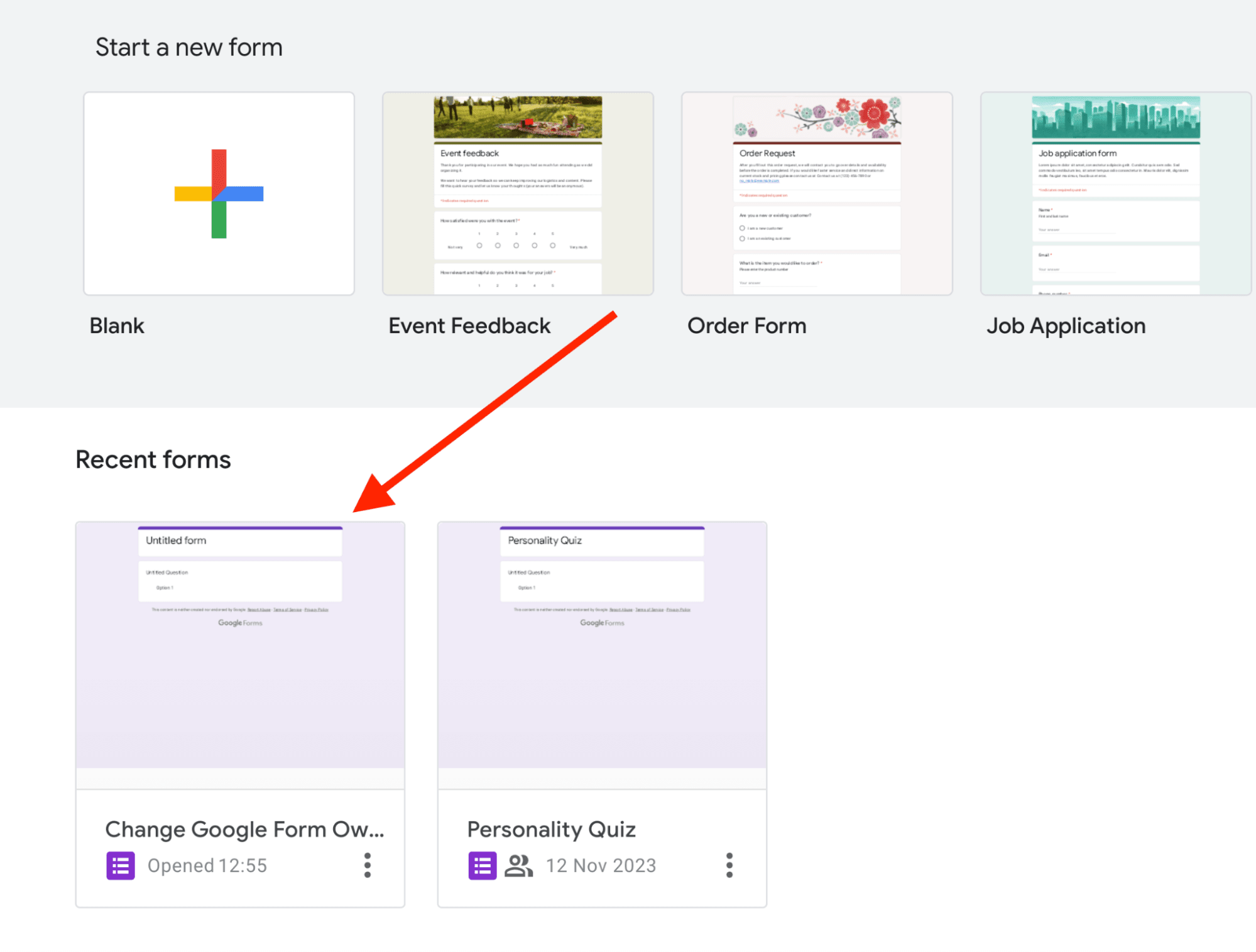 Red arrow pointing towards a google form