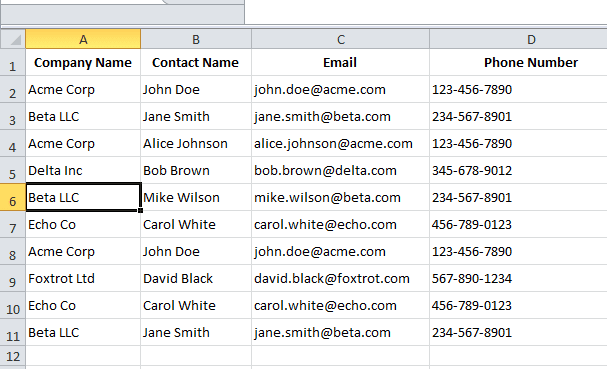 screenshot of an Excel file where A6 is selected