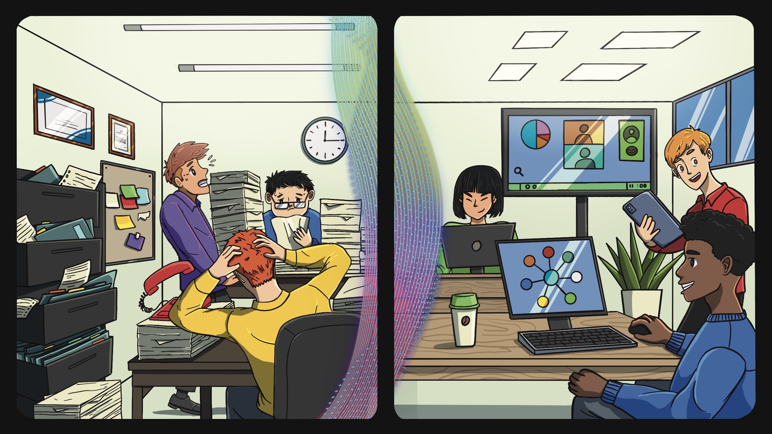 Two sided image, left showing chaos and unhappy employees dealing with lots of paper. Contrasting with right side of happy paperless employees